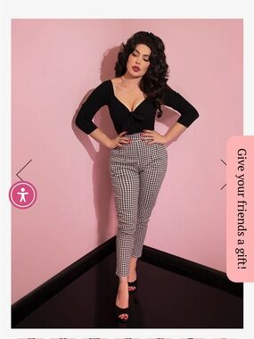 Vixen by Micheline Pitt Black Top with Black & White Gingham Cropped Pants